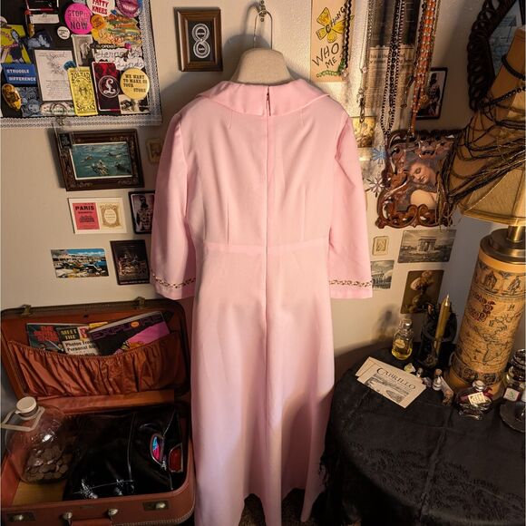 Vtg 70s Floral Embroidered Dress Women's Medium Light Pink Collared Empire Waist - Picture 2 of 4